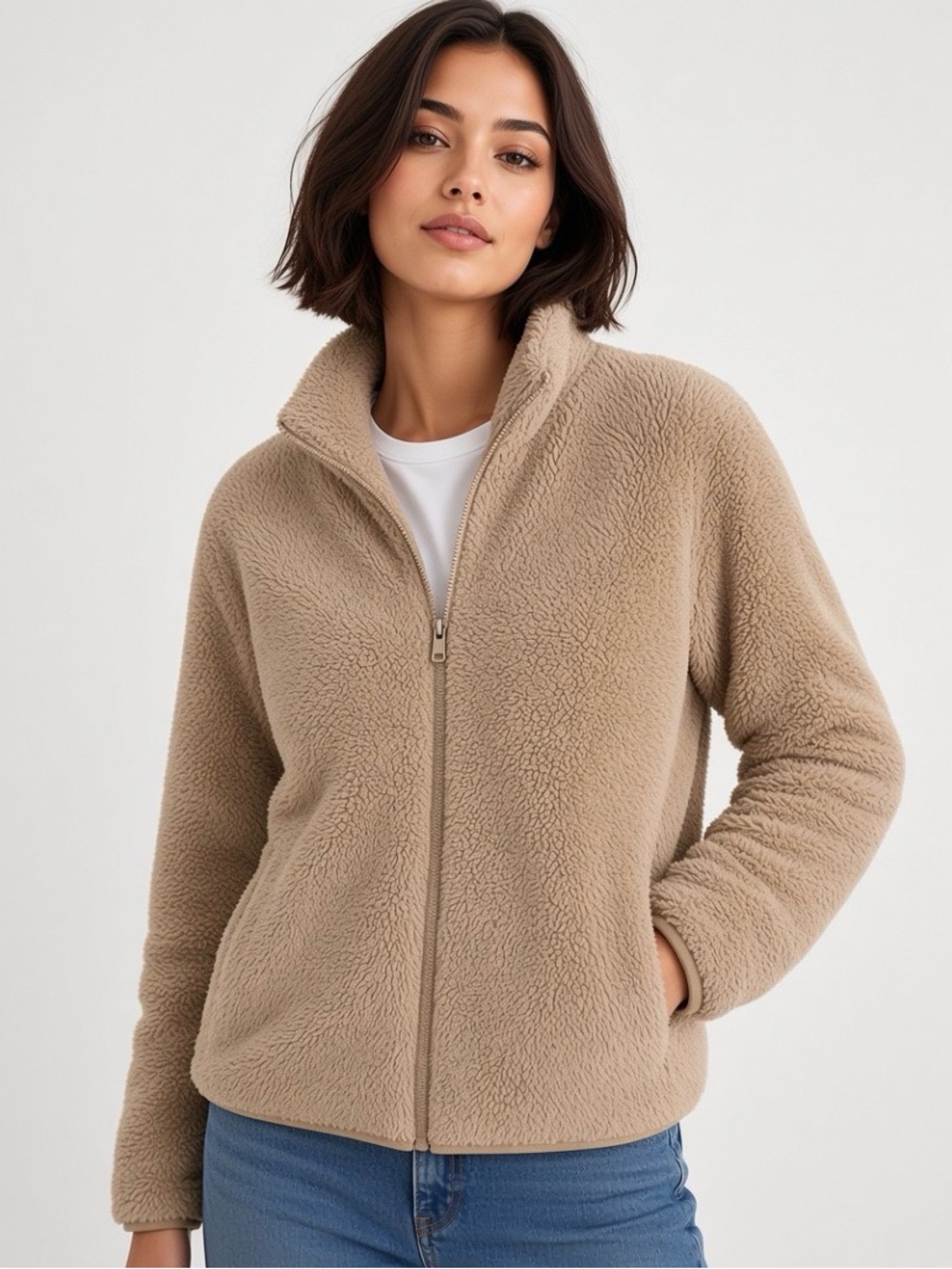 Uniqlo Beige Fluffy Yarn Fleece Full Zip Jacket | Size L